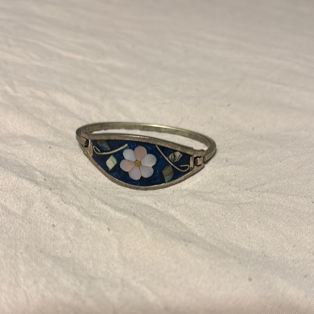 Blue and Silver Floral Bangle Bracelet